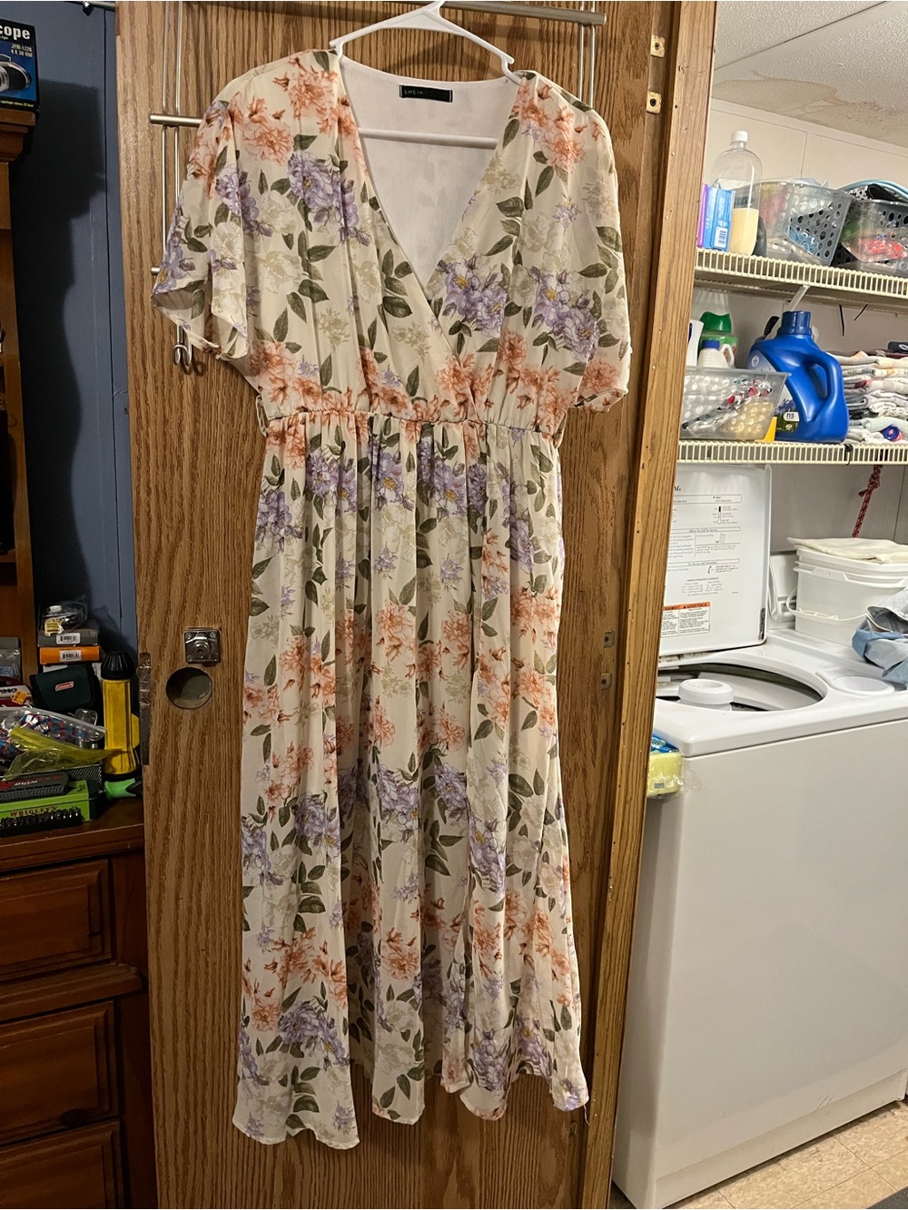 SHEIN Cream Floral V-Neck Maxi Dress with Lavender & Peach Flowers